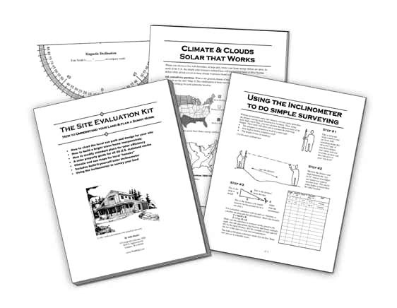 The printed SunKit: the Site Evaluation Kit booklet, a solar climate guide and an inclinometer surveying guide