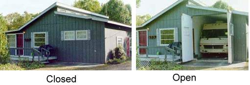 Not only does this clever design hide the garage doors when closed, but the siding color changes when the doors are opened! (Not really)